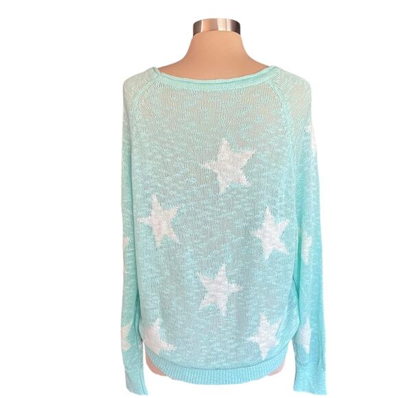 Aqua White Star Loose Weave Slouchy Sweater LARGE Beachy Whimsical Layering - Picture 1 of 10